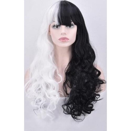 Morematch Danganronpa Monokuma Women Long Curly Wig Cosplay Costume White Black Mix Heat Resistant Synthetic Hair Party Wigs