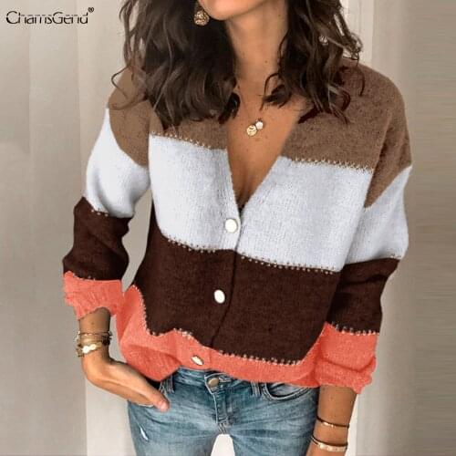 V Neck Patchwork Sweater Women Pullover Knitwear Korean Style Kawaii Stripe Button Jumper Winter Casual Sweaters Tops Sale
