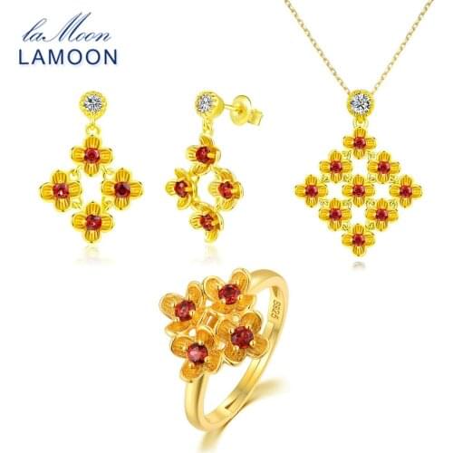 LAMOON 925 Sterling Silver Flower Natural Gemstone Red Garnet Jewelry Sets Fine Jewelry for Women Wedding Gift V037-1