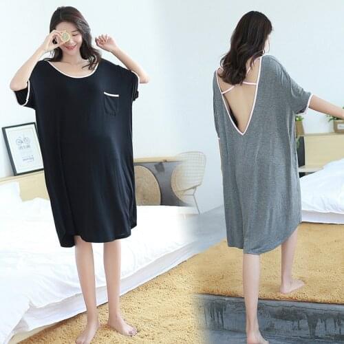 Female Underwear Girls Modal Nightwear Loose Nightgowns Cotton Summer Short Sleeve Backless Sexy Sleepshirt Plus Size 2xl 3xl