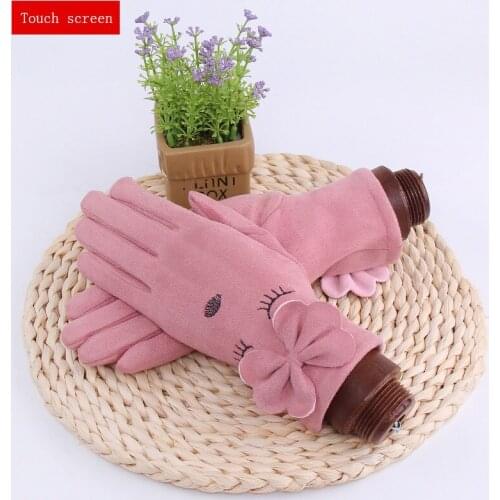 Winter Female Warm Cashmere Full Finger Cartoon Smiley Bow Cycling Mittens Women Suede Leather Touch Screen Driving Gloves B16