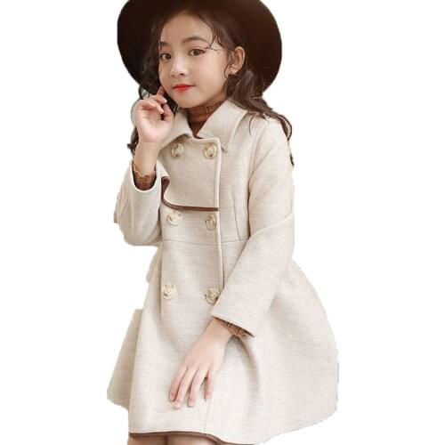 Winter Woolen Jacket For Girl 2021 Korean Version Plus Velvet Thickening Keep Warm Mid-Length Lapel Casual Childrens Clothing