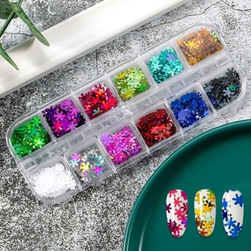 1 Box of 12 Grid Christmas Snowflake Nail Art Glitter Sequins Multicolor 3d Nail Holographic Manicure Multicolor Decoration Set