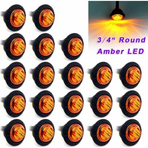20pcs 3/4 Inch Round Amber LED Light Front Rear Side Clearance Marker Lamp For Truck Bus Trailer Caravan Boat Motocycle