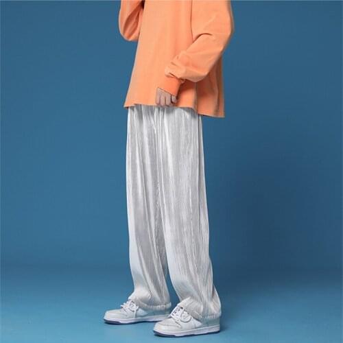 2021 Pleated Straight Pants Mens Fashion Elastic Waist Casual Pants Men Streetwear Loose Ice Silk Trousers Mens Wide Leg Pants