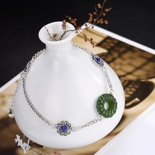 Fashion 2018 New S925 pure silver hetian jade jade natural lapis lazuli Mosaic flowers ms peace buckle bracelet wholesale