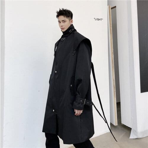 Stand Collar Zipper Clothing Mid Length Design Streetwear Trench Coat for Men Autumn New Oversize Windbreaker Mens