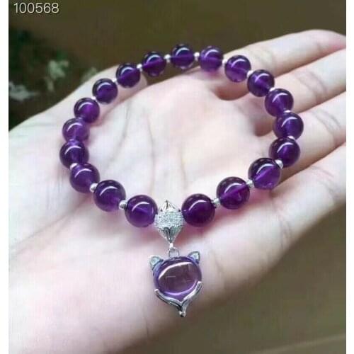 Genunine Natural Purple Amethyst Quartz Bracelet Fox Pendant Gemstone 10mm 9mm 8mm Round Beads Women Men Crystal AAAAA