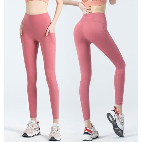 2021 New Ladies Seamless High-waist Hip-lifting Elastic Sports Running Pocket Leggings Nude Peach Fitness Yoga Pants