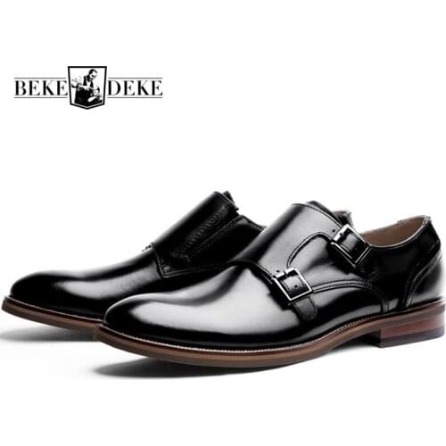 Autumn New Brand Fashion Mens Pointed Toe Genuine Leather Work Shoes Male Business Shoes Formal Shoes Buckle Strap Black Brown
