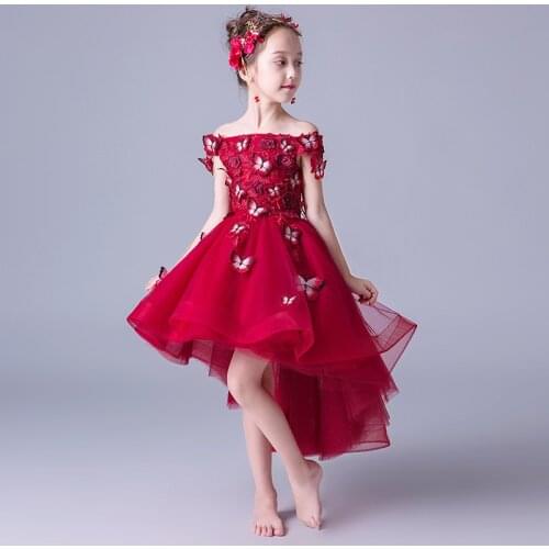 New Red Princess Ball Gowns Wedding Tutu Dress for Girls Party Flower Girl Dresses Shoulderless Children Evening Prom Frocks