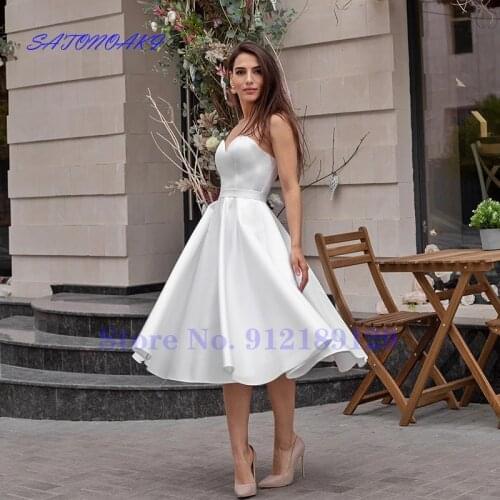 Simple Sweetheart Satin Wedding Dress 2021 Short Beach Bridal Gown Knee-Length Vestido Noiva Sukienka Robe De Mariée Online Shop