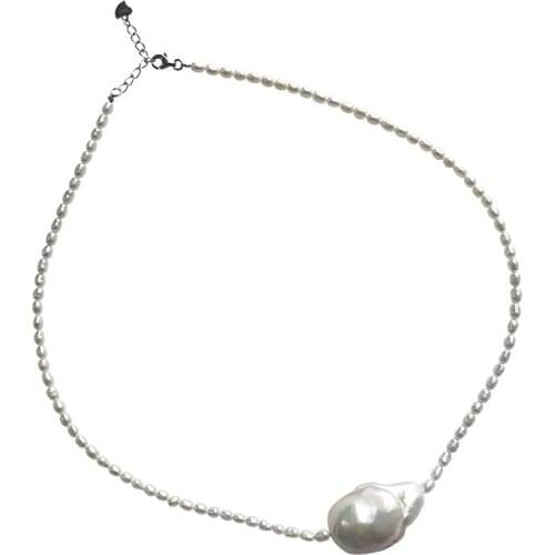 New natural glare natural 16X22MM Baroque shaped pearl necklace 3-4MM rice white pearl wild simple