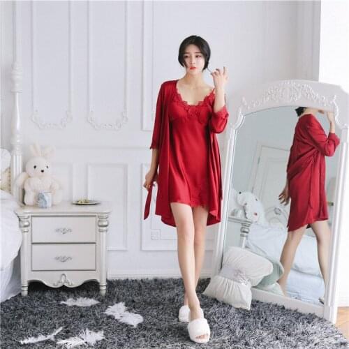Ice Silk Sleepwear Woman Summer Sexy Halter Sleep Skirt Chest Pad Gathered Gown Two Suits Long-Sleeved Lace Night Dress Халат