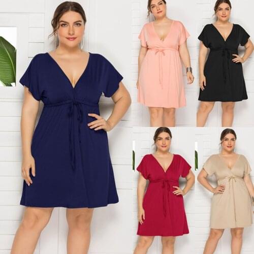 Womens Oversized Clothing M-4XL Summer Womens Dress 2021 Sexy Deep V-neck Pullover Dress With Short Sleeve Elegant Vestidos
