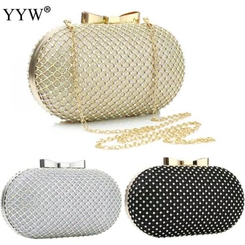 Woman Rhinestone Evening Bag Silver Black Gold Color Bow Buckle Diagonal Bag For Wedding Or Party Handbag Clutch Evening Purse