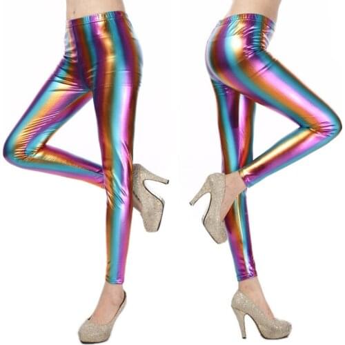 Womens Fluorescence Metal Color Block Shine Bling Striped Print Punk Rock Leggin Pants women Shiny Leggings leggings
