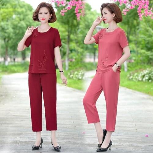 2 Piece Sets Women Summer Retro buckle T-shirt and Pants Summer Two Piece Set Tops and Pants Women Plus Size Print Casual Women