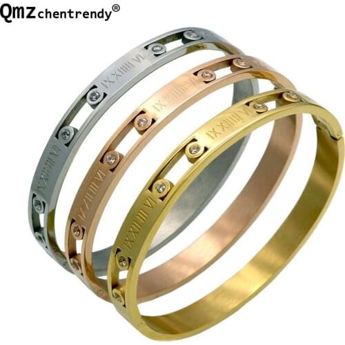 New Design Lovers Luxury Bracelet Women Stainless Steel Roman Numerals Cubic Zirconia Bangle & Bracelets For Women Jewelry