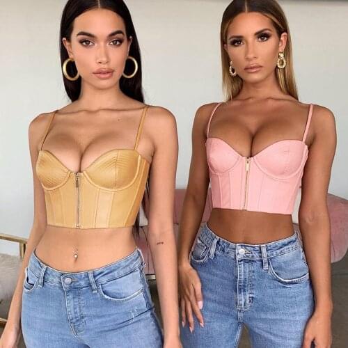 Women Sexy PU Chest pad steel support zipper Gather Vest Wrap chest strapless Sexy navel vest Nightclub short T-shirt Casual Top
