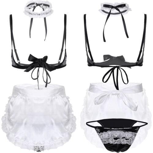Women Sexy Maid Costumes Lingerie Set Housemaid Cosplay Party Bowknot Lace Sleepwear Nightclub Outfits with Apron Neck Strap