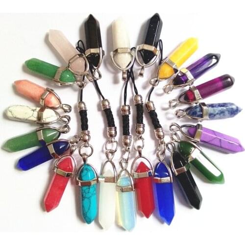 16 Style Colorful Six Prism Series Mini Key chain Fashion Stone Pendant Small Black Rope Key Chain Cute Charming For Phone Bag
