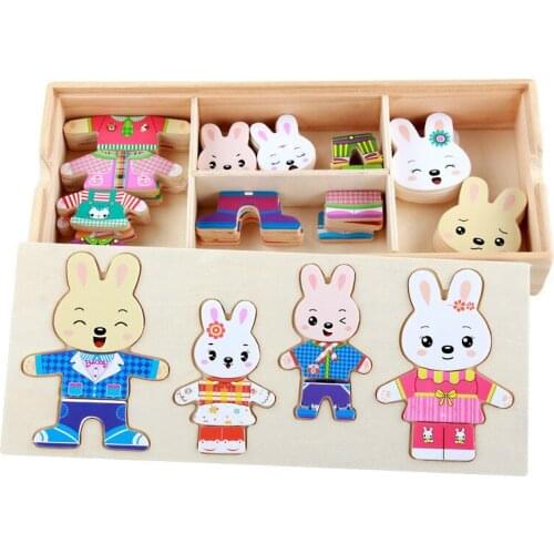 72pcs Cartoon 4 Rabbit Bear Dress Changing Jigsaw Puzzle Wooden Toy Montessori Educational Change Clothes Toys For Children Gi