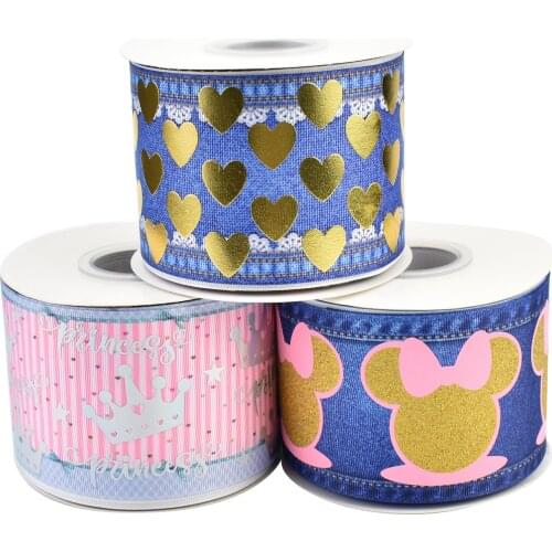75mm Gold Foil Hearts Silver Foil Princess Crown Grosgrain Ribbon For Girl DIY Accessories 50yards Welcome Custom Printed