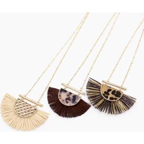 Accessories Women Tassel Necklace Sector Design Pendant Leopard Braided Print Sweater Chain Necklace