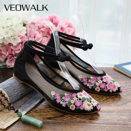 Veowalk Summer Gauze Fabric Women Flower Embroidered Ballet Flats Ladies Casual Pointed Toe Ankle Strap Ballerinas Shoes