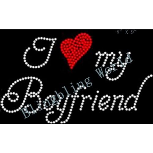 Free shipping heat transfer motif I love my boyfriend red with white clear crystal rhinestones transfer