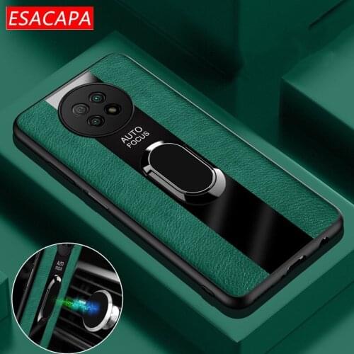 Leather + Plexiglass Magnetic Ring Holder Case for Xiaomi Redmi Note 9T 5G Cover Shockproof Soft Frame Case for Redmi 9T 9C 9A
