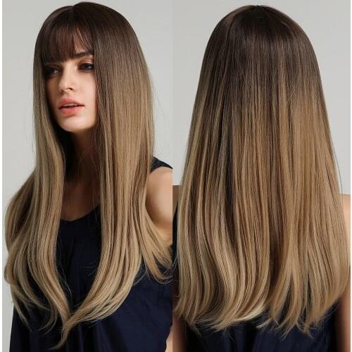 Long Ombre Black Brown Synthetic Wigs with Full Bangs Silky Straight Wigs for Women Afro American Cosplay Daily Heat Resistant