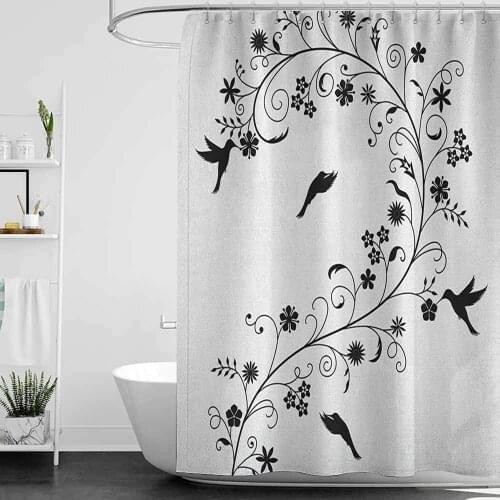 Hengshu Black and White Precision Custom Shower Curtain Victorian Curves Swirls with Bird Silhouettes Monochrome Flora and Fauna