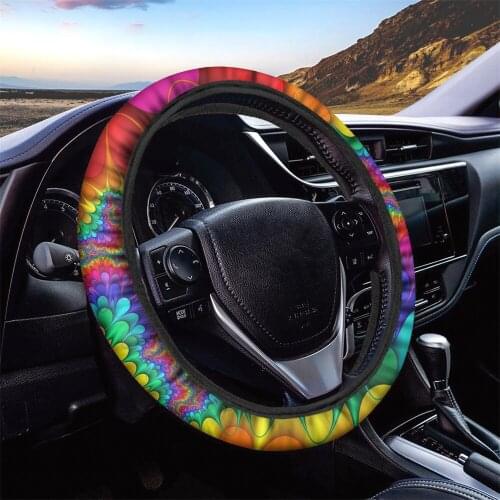 INSTANTARTS Stylish Bohemian Flower Tie-dye Prints Steering Wheel Cover Set for Women Summer Breathable Car Steering Wheel Cover