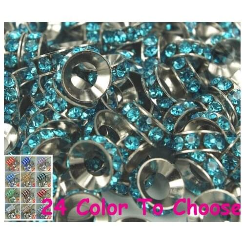 Tg2342 Gift 10mm Blue Rhinestone Crystal Rondelle Spacer Beads Lot,Rhodium Plated Big Hole European Beads
