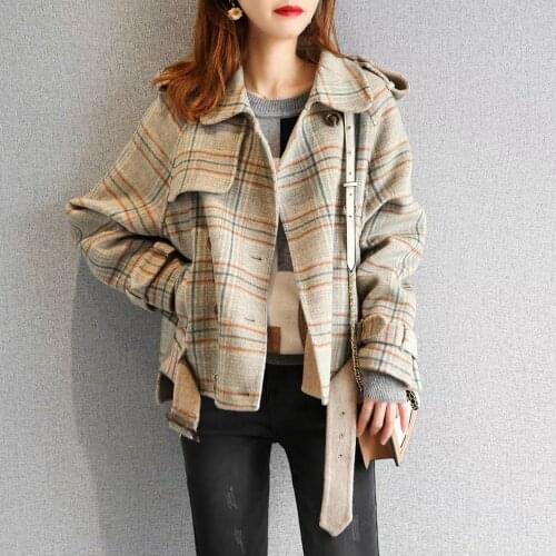 Long-sleeve Faux Cashmere Woolen Jacket 2021 Spring New Autumn Loose Double-breasted Plaid Woolen Coat Short Casual Outerwear