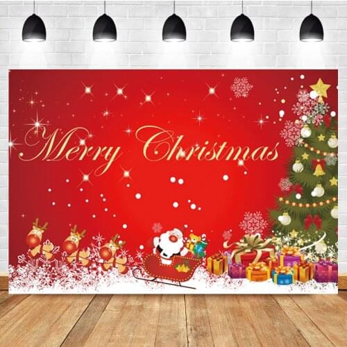 Laeacco Cartoon Santa Claus Sleigh Gifts Christmas Tree Birthday Banner Backdrop Photographic Photo Background For Photo Studi