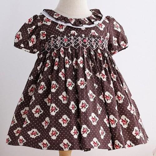 Baby girl summer vintage handmade smocking princess dress kids puff sleeve embroidered birthday party floral dress