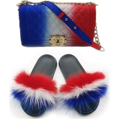Summer Women Fur Slippers Jelly Bag Purse Set Fluffy Fur Sandals Handbag With Shoes Real Fox Fur Slides Female Shoulder Bag Hot