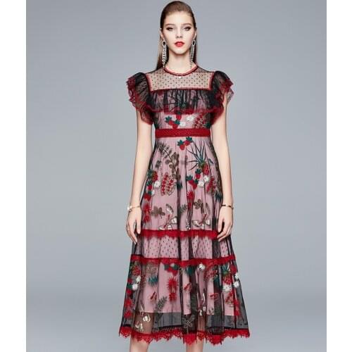LLZACOOSH Top Quality Lace Floral Embroidery Midi Dress New 2020 Summer Women Beautiful Ruffles Sleeve Party Dress