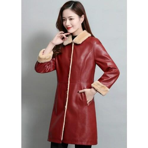 Fashion Womens Thick Fluffy Oversized PU Leather Long Jacket Ladies Winter Coats Plush Red Coat Female Faux Leather Overcoat 5xl