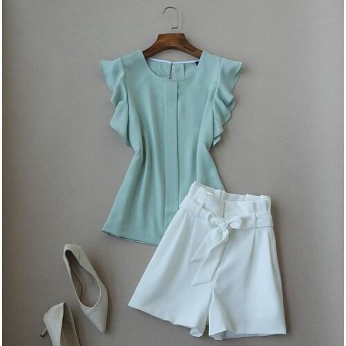 Fashion Office Lady Summer Sets Chic Ruffled Chiffon Blouse Top + Casual Sashes Wrap Waist Shorts