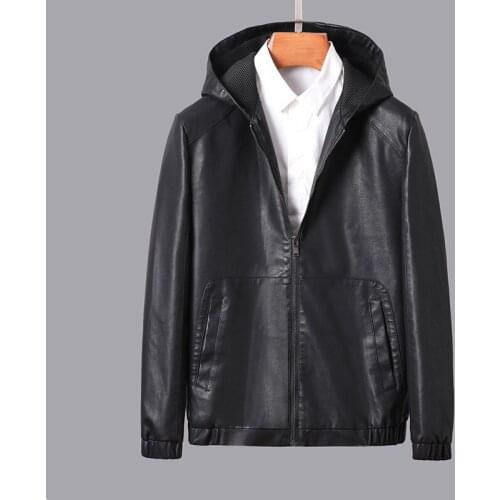 2021 Mens Slim Trendy Hooded Leather Jacket Youth handsome solid color zipper leisure motorcycle leather jacket