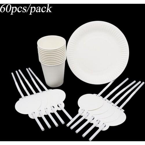 60pcs/lot white disposable tableware sets plain white disposable plates cups straws white theme party decorations