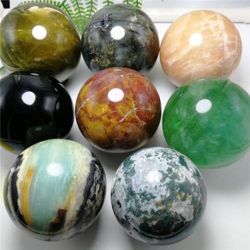 Natural Quartz Crystal Sphere Ball Healing Gemstone Moss Agate Fluorite Quartz Labradorite Wooden Fossil Stones Decor Gifts