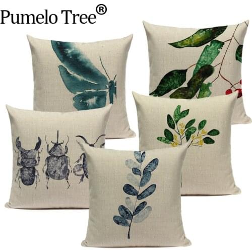 Simple Style Pillowcases Plant Pillowcover Home Cushions Green LeavesButterfly Linen Decorative Square Custom Print CushionCover