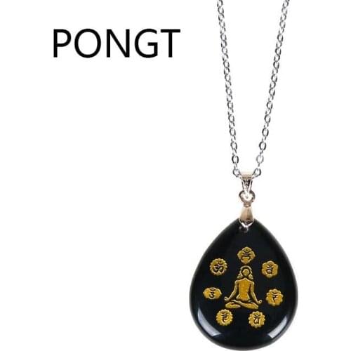 New reiki carving Natural Stone Chakra Pendant Water Drop Shape Black Obsidian Crystal Pendant Necklace Fashion Jewelry Design