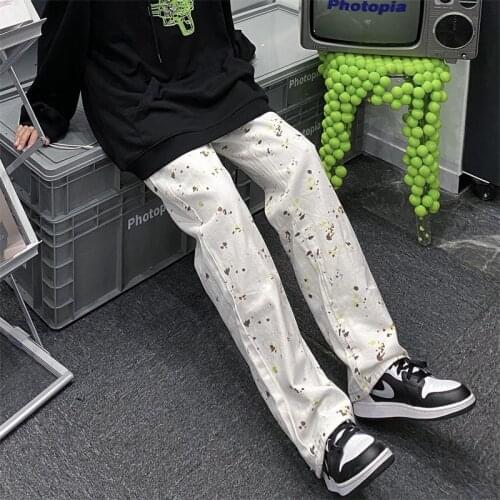 2021 New High Waist Women White Jeans Harajuku Graffiti Printing Vintage Baggy Straight Long Pants Versatile Denim Trouser