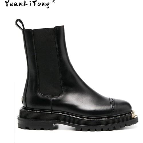 2021 Autumn & Winter New Mid-tube Short Boots Women Rivet Thick-soled Brock Carved Martin Boots Handsome Chelsea Boots
